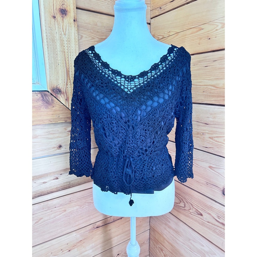 Vintage Black Crochet Knit Bell Sleeve Top XXL Lined V-Neck Drawstring Waist Boh